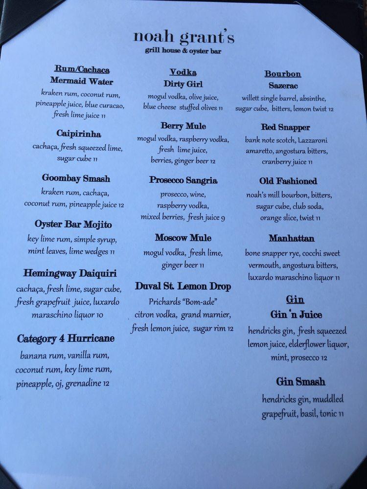 Menu at noah grant's grill house & oyster bar, Zionsville
