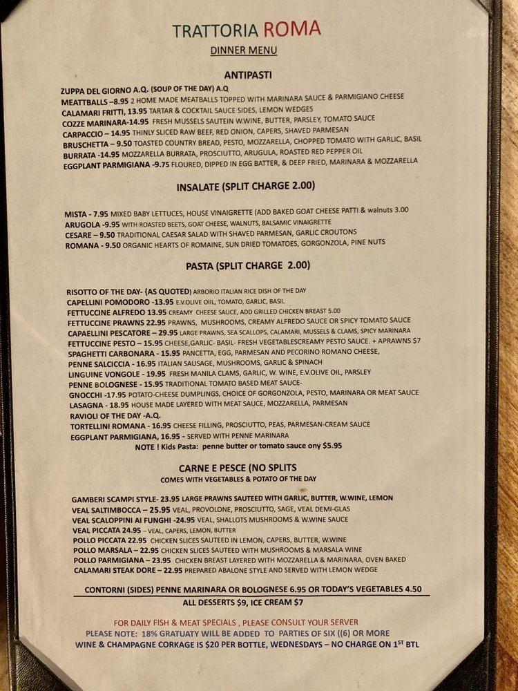 Menu at Trattoria Roma pub & bar, Petaluma
