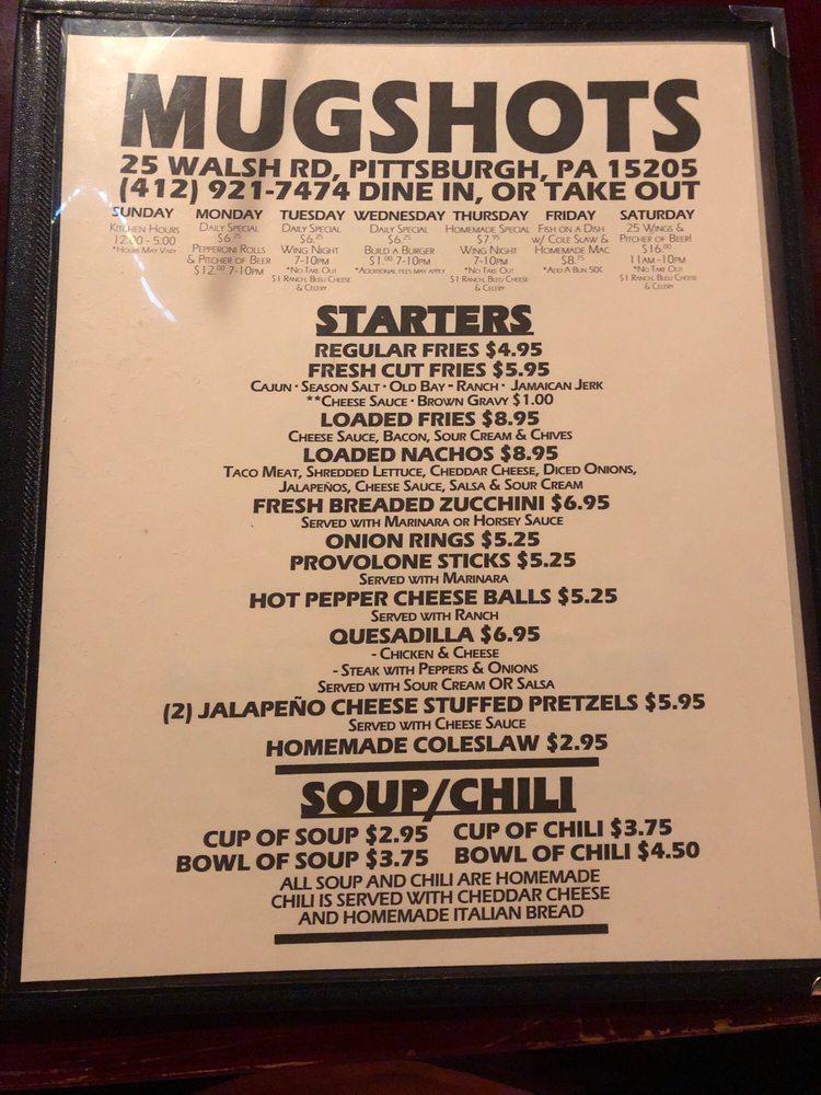 Menu at Mugshots Cafe, Pittsburgh