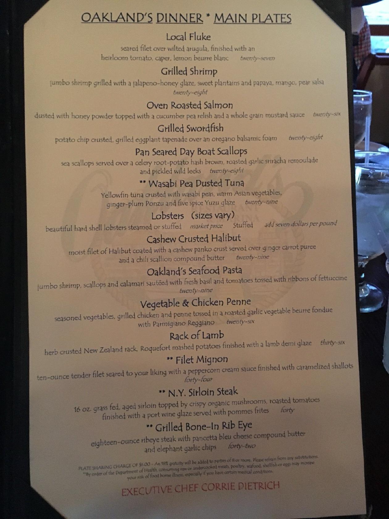 Menu at Oakland's Restaurant, Hampton Bays