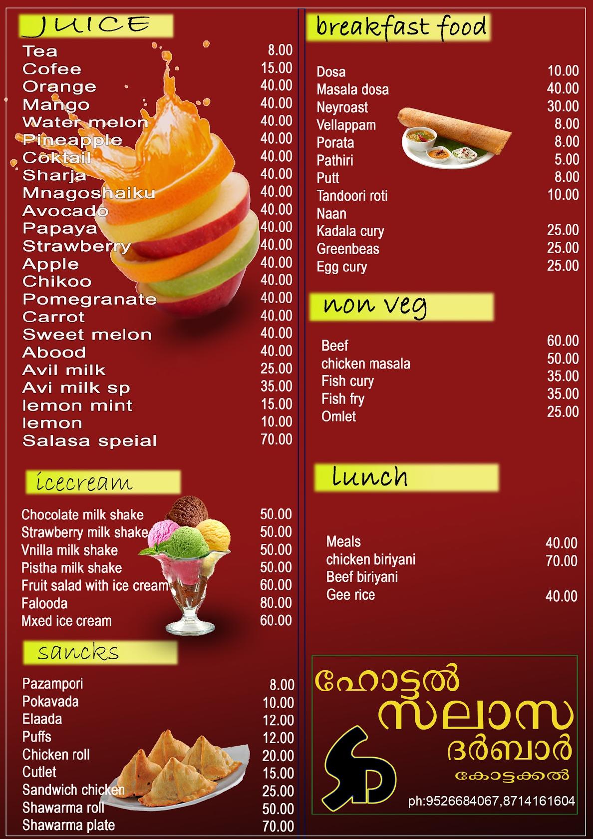 Menu at Salasa Darbar Hotel, Kottakkal