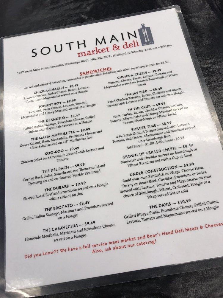 Menu at South Main cafe, Greenville