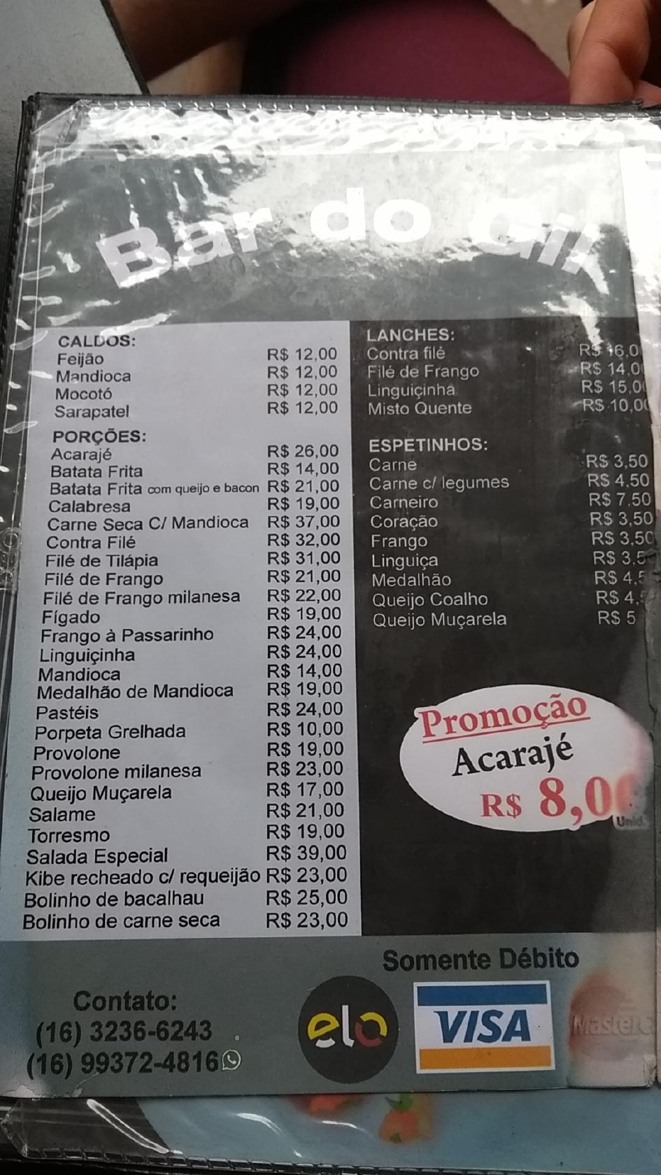 Bar do Gil cardápio