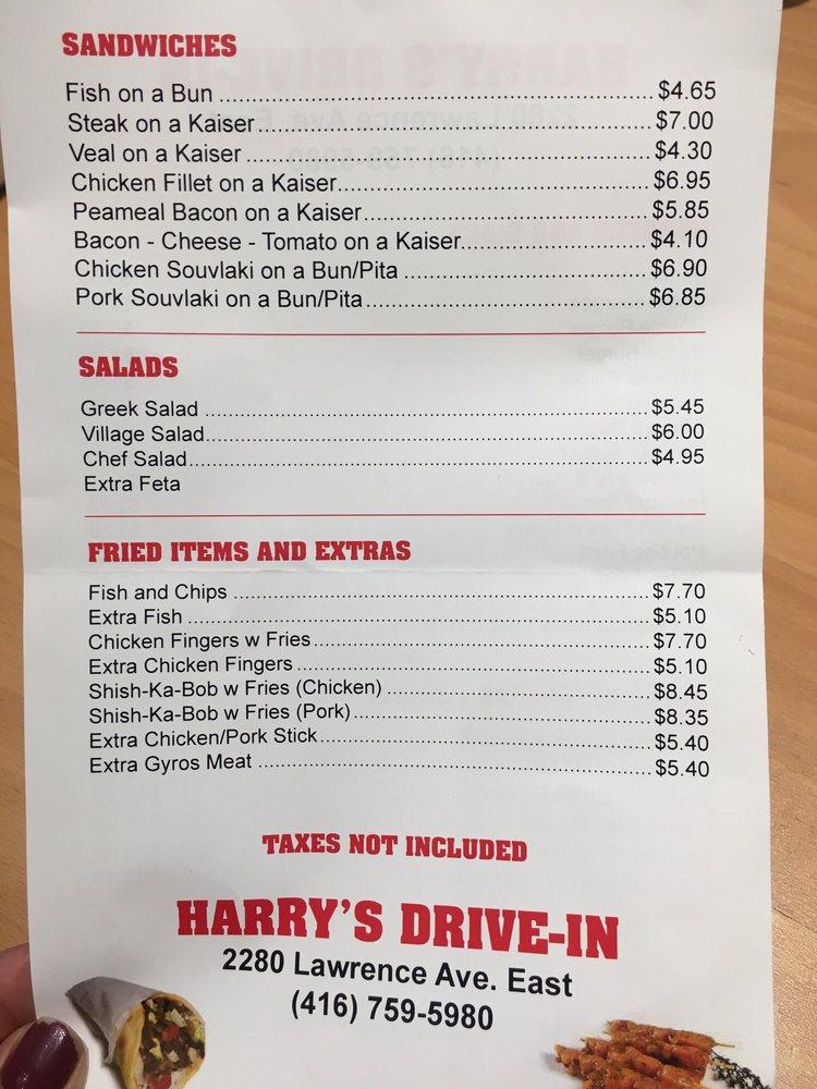 Menu au Harry's Drive-In restaurant, Toronto