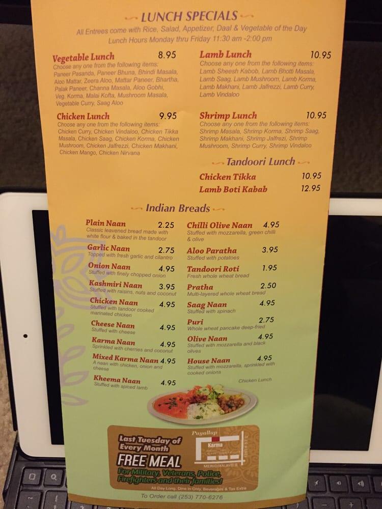Menu at Karma Indian Cuisine and Lounge restaurant, Puyallup