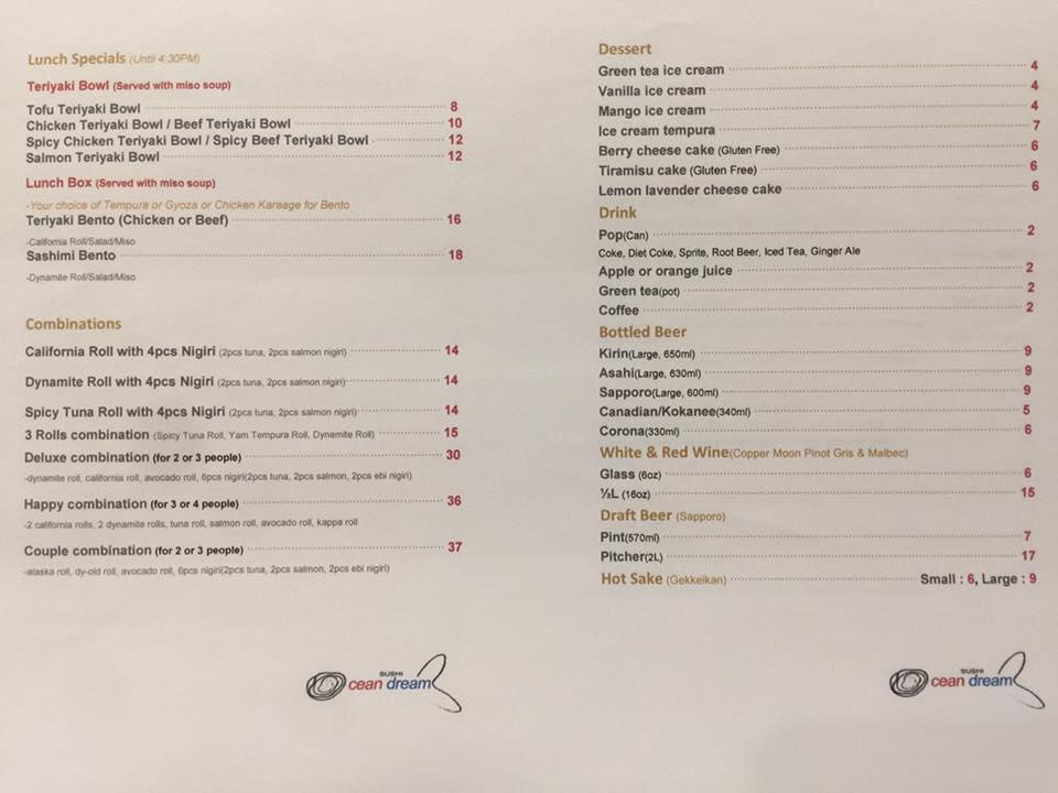Menu at Sushi Ocean Dream restaurant, Grand Forks