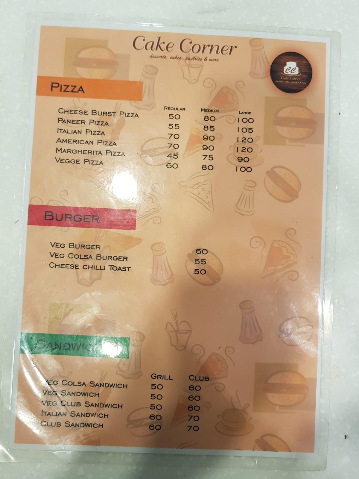 Cake Corner menu