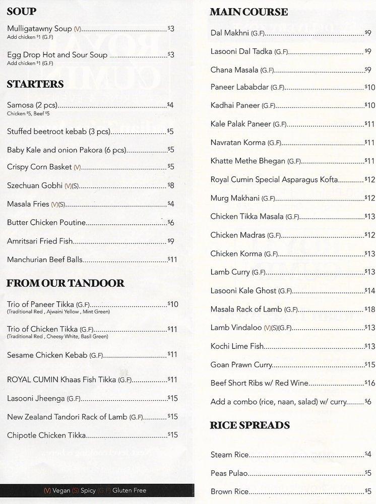 Carta del restaurante Royal Cumin Burlington Indian & Hakka Bistro