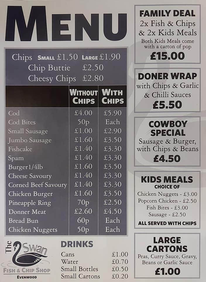 Menu at Miners Munchies Chippy restaurant, Evenwood