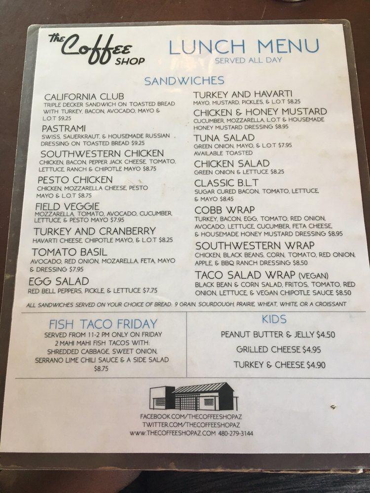 Carta del café The Coffee Shop, Gilbert