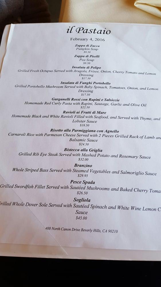 Menu at Il Pastaio restaurant, Beverly Hills