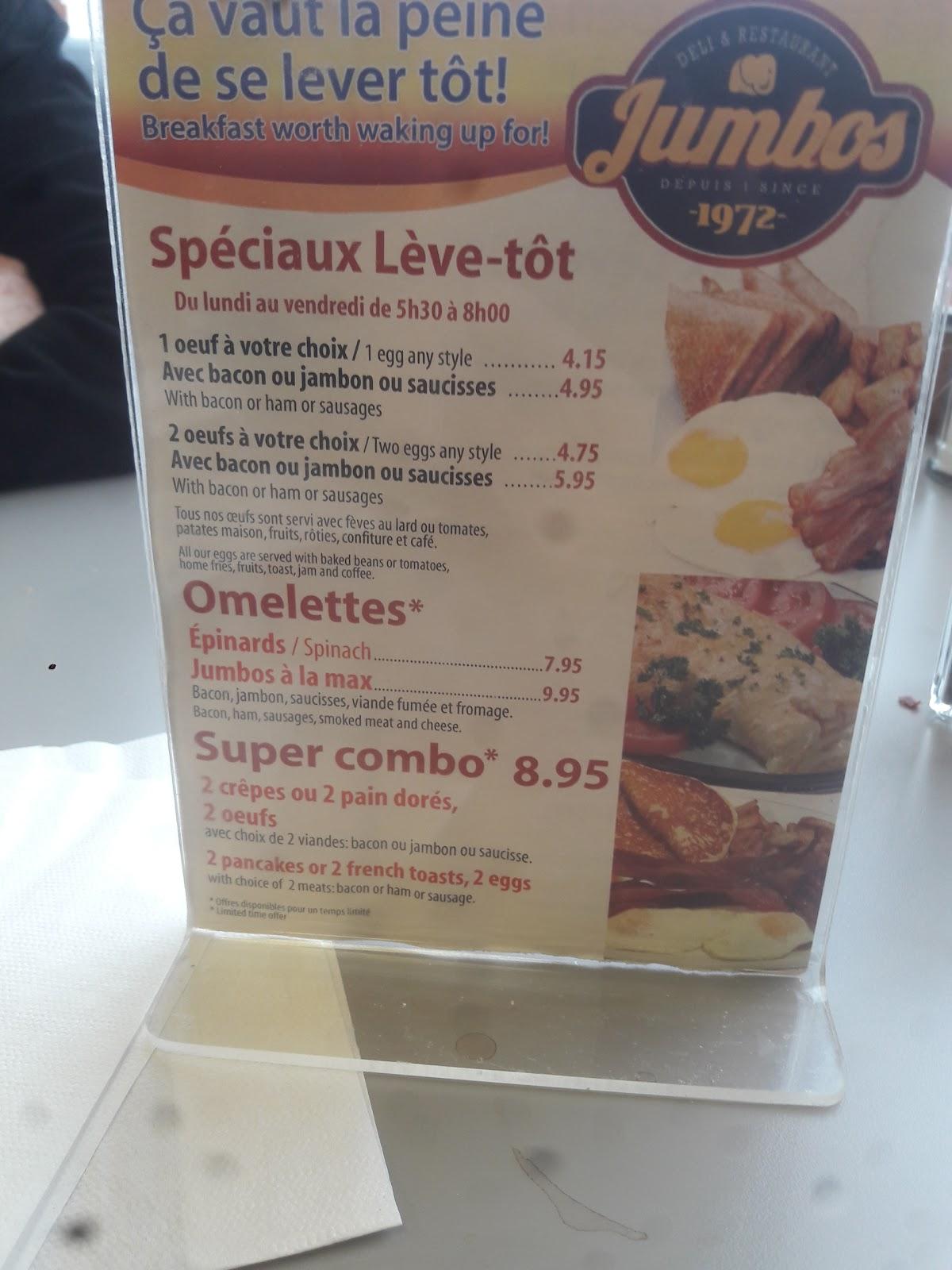 Menu at Jumbo Restaurant, Montréal