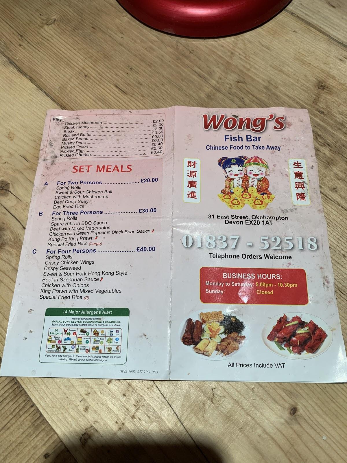Menu at Wongs Fish Bar, Okehampton