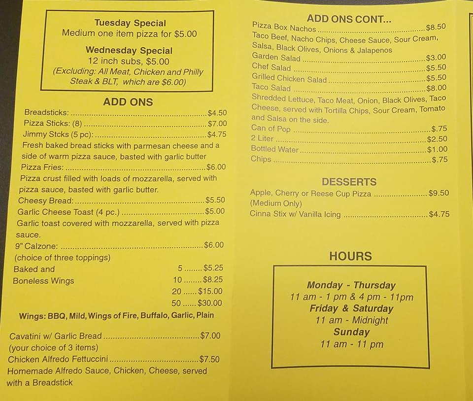Menu at Jimmy's Pizza pizzeria, Kenton, 306 W Franklin St