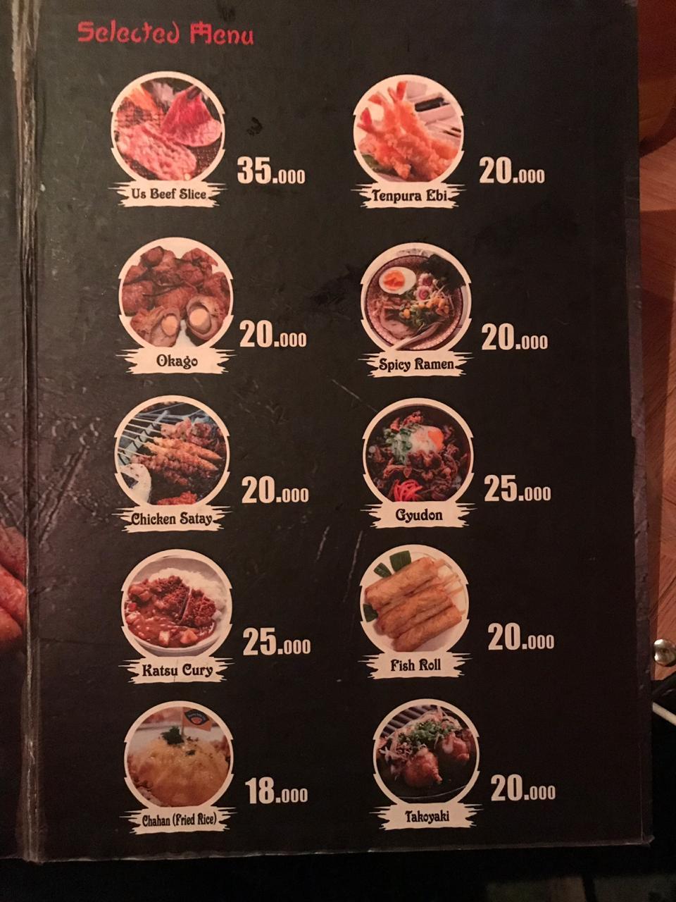 Menu at Oishi yatai restaurant, Indonesia