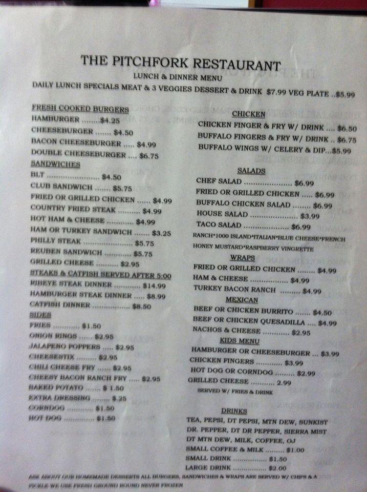 Menu at The Pitchfork restaurant, Attalla