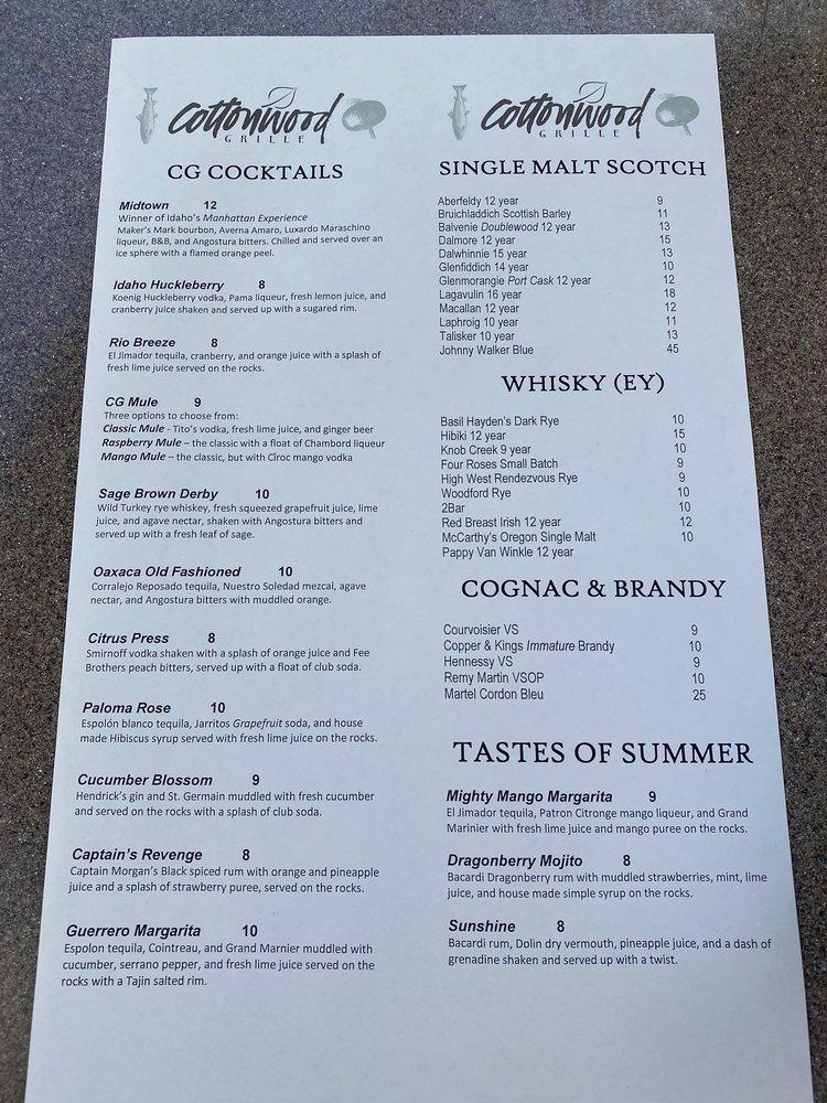 Menu at Cottonwood Grille pub & bar, Boise