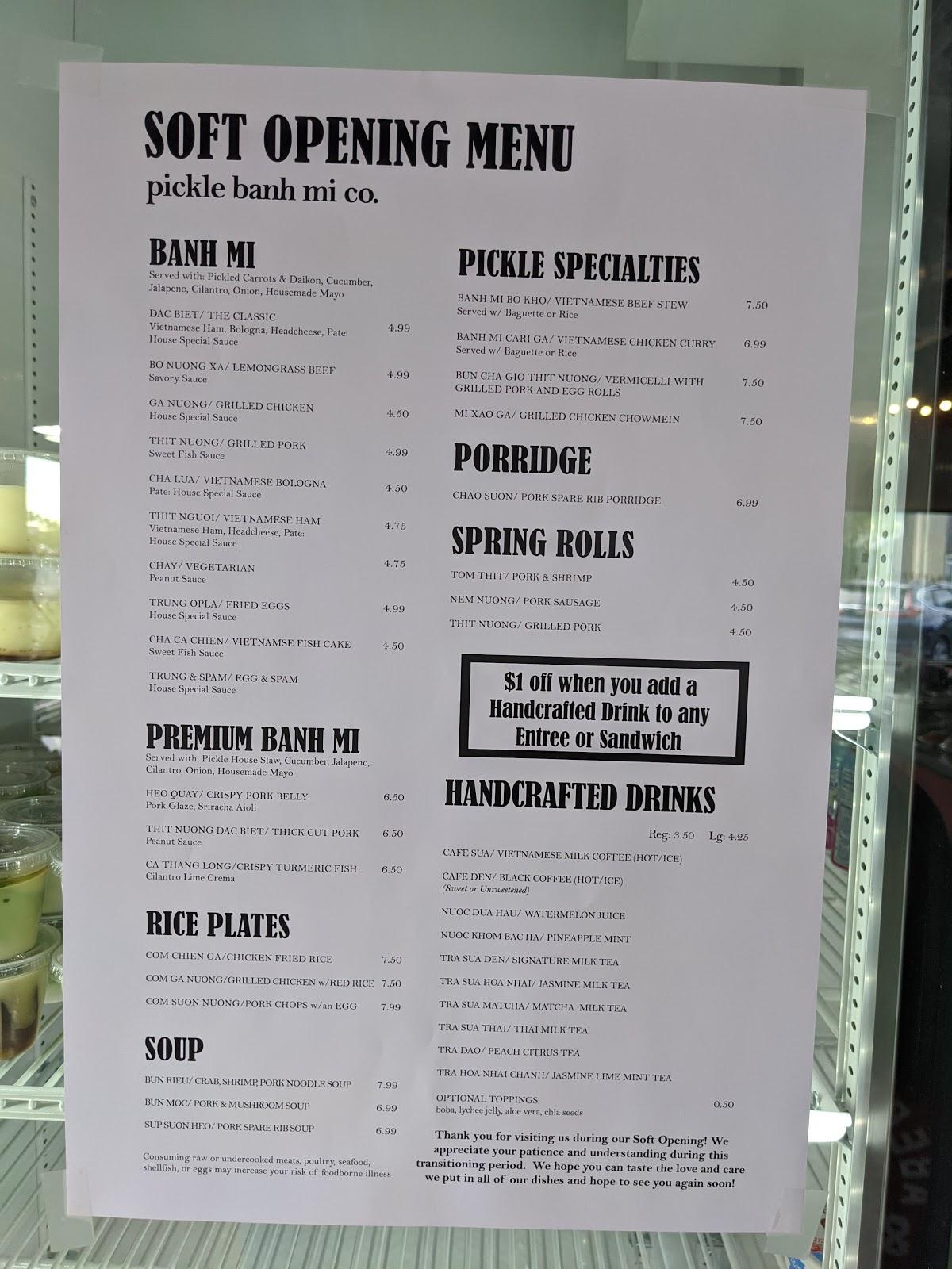 Menu at Pickle Banh Mi Co restaurant, Fountain Valley
