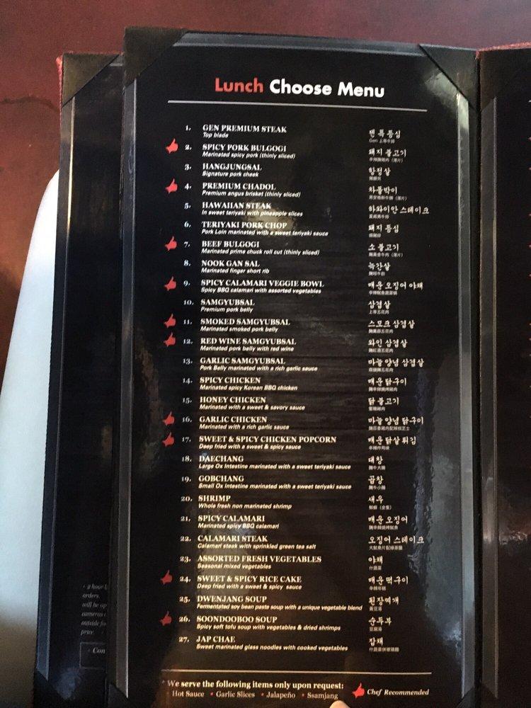 Menu at Gen Korean BBQ House, Chino Hills