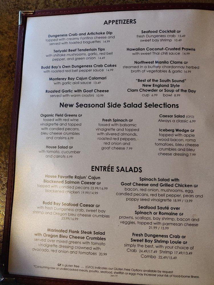 Menu at Budd Bay Cafe, Olympia