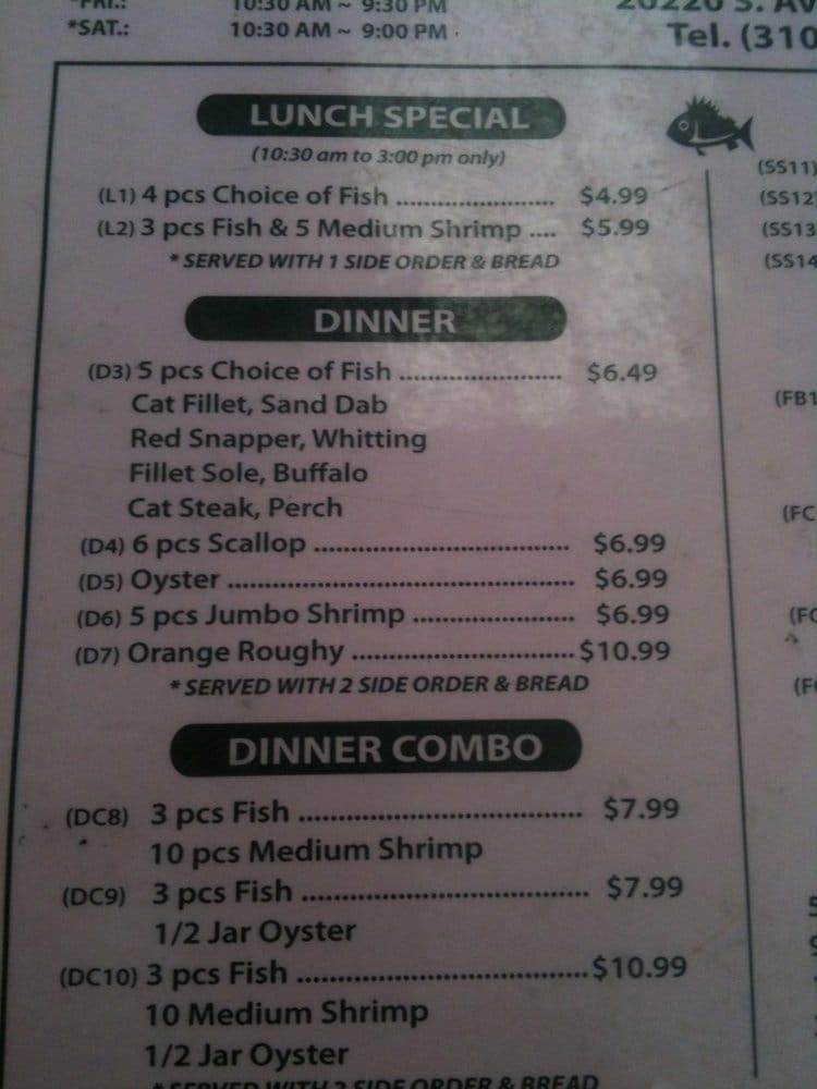 Menu at Ann's Fish Market restaurant, Carson