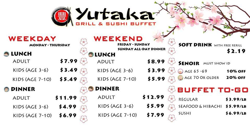 Menu At Yutaka Grill & Sushi Buffet Restaurant, Tulsa