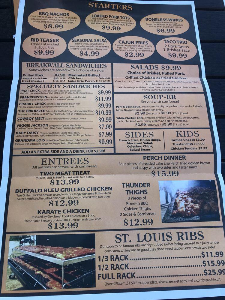 Menu at Breakwall BBQ, Conneaut, 1/2 Marina Dr