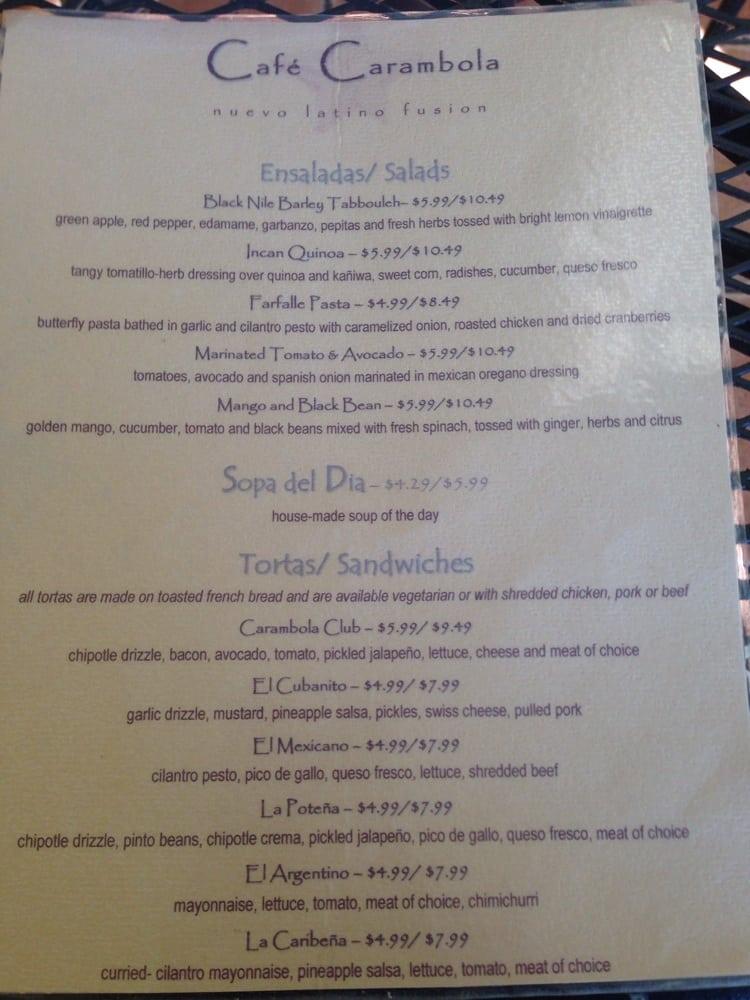 Menu at Café Carambola restaurant, Coeur d'Alene
