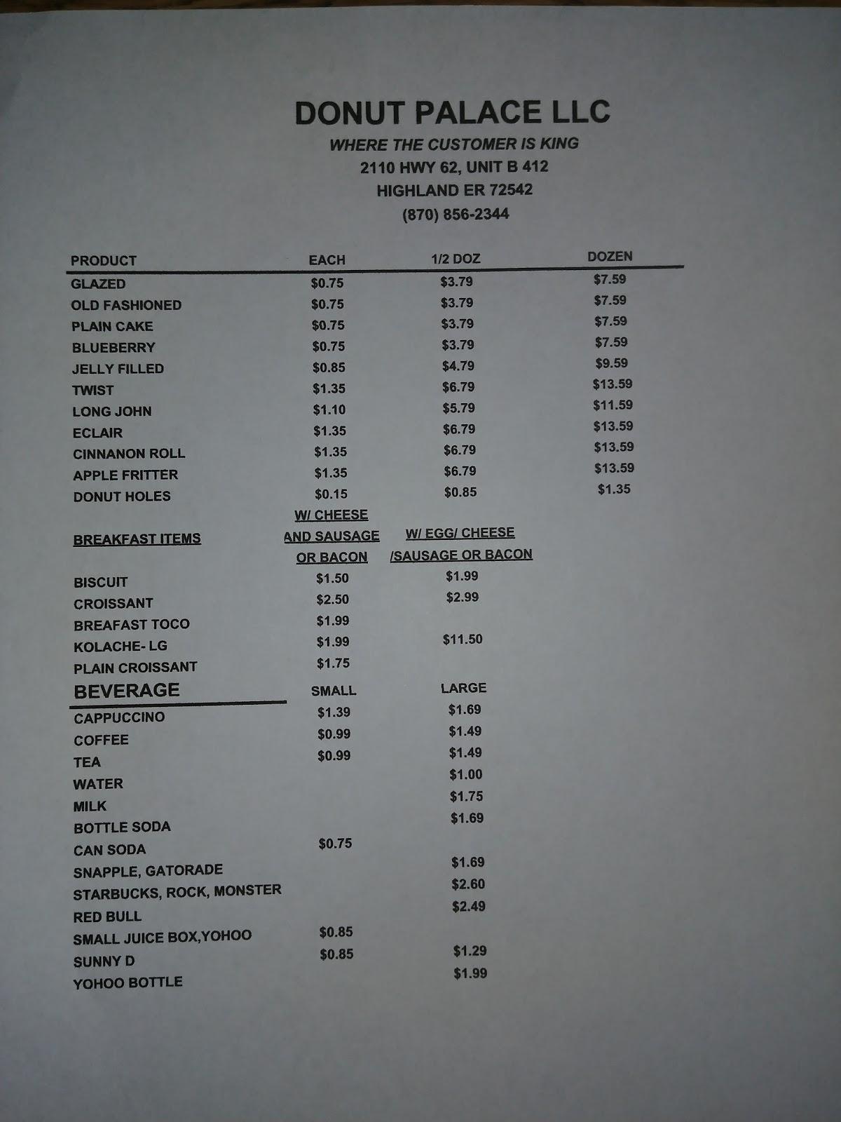 Menu at Donut Palace, Highland