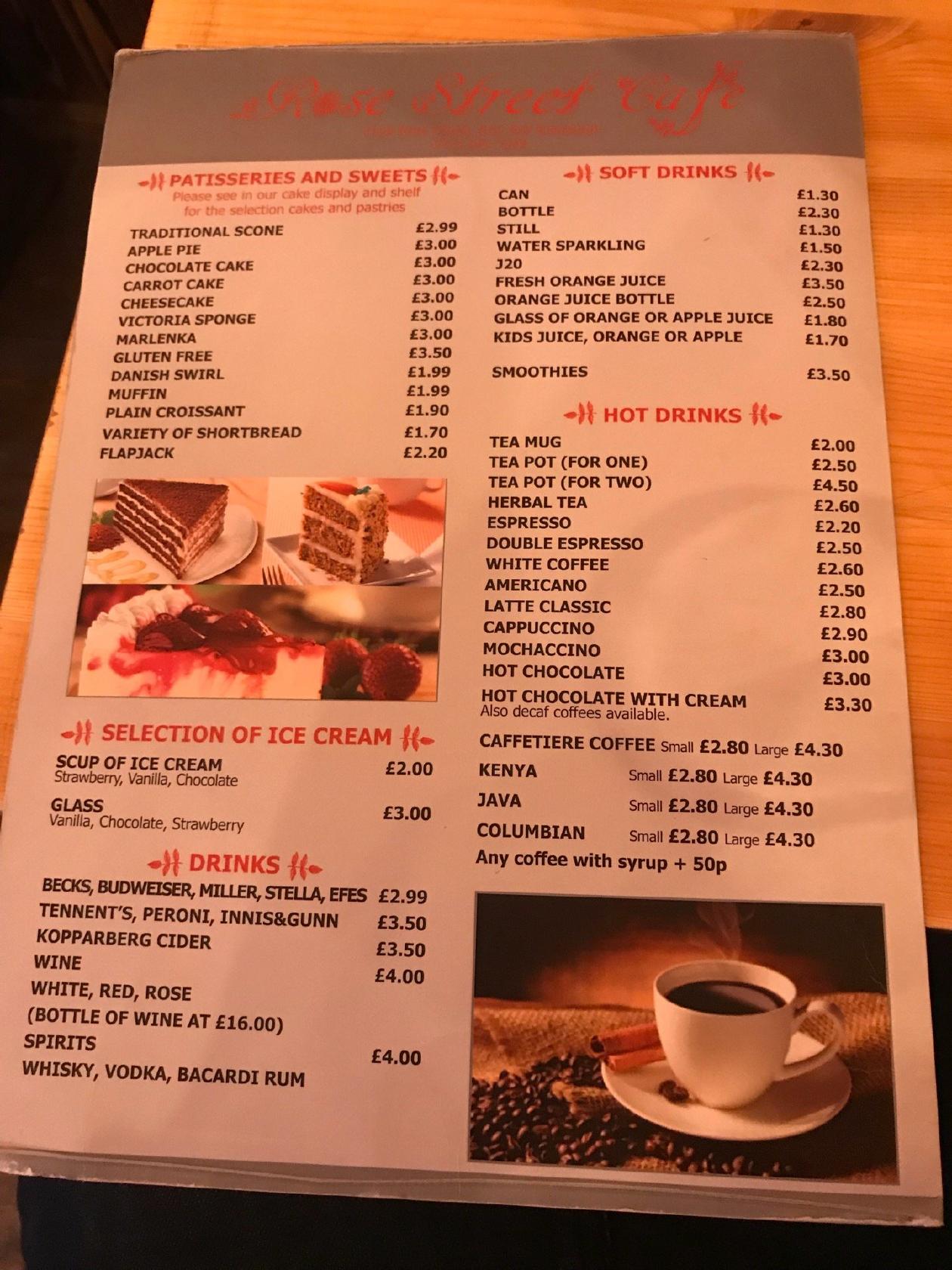 Menu at Rose Street Cafe, Edinburgh, 192a Rose St
