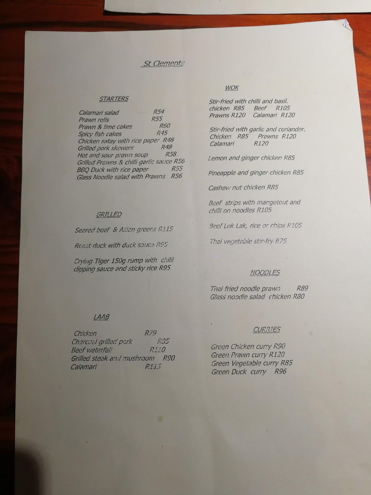Menu at St. Clements Restaurant, Durban