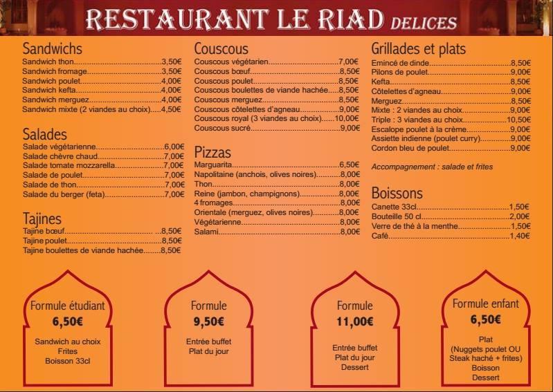 Menu at Riad Délices restaurant, Strasbourg, 40 rue du Faubourg de Saverne