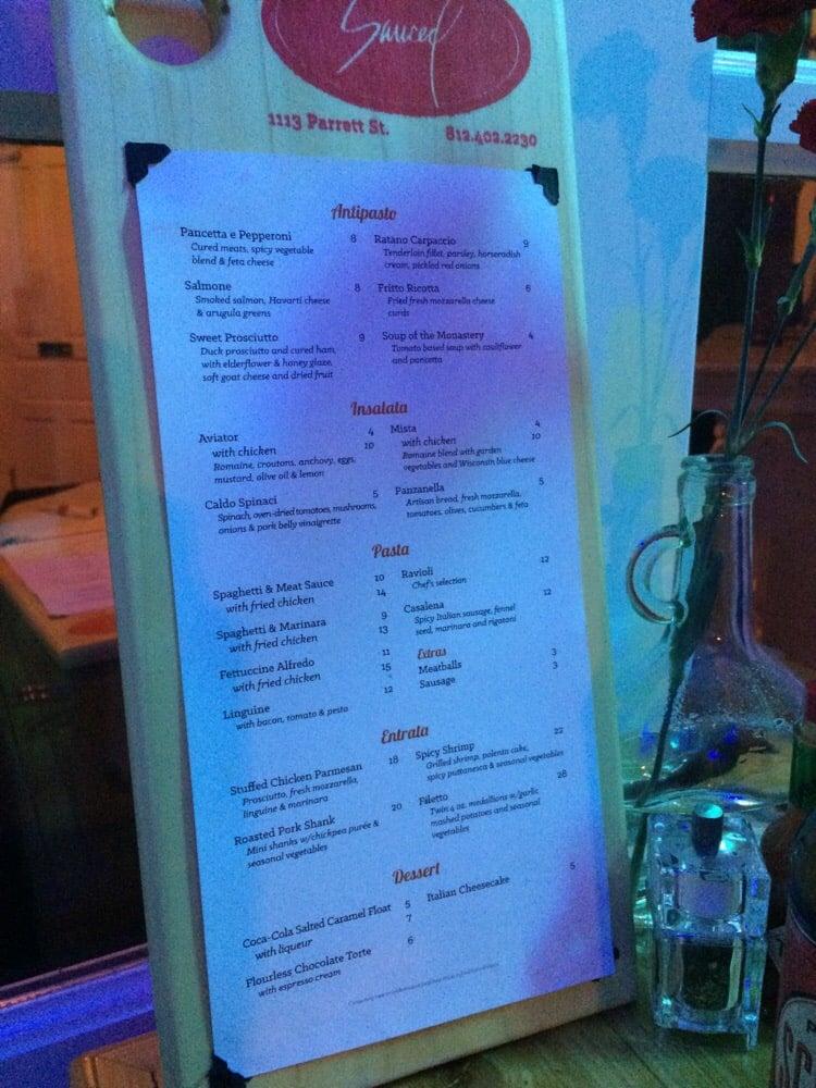 Menu at Sauced restaurant, Evansville