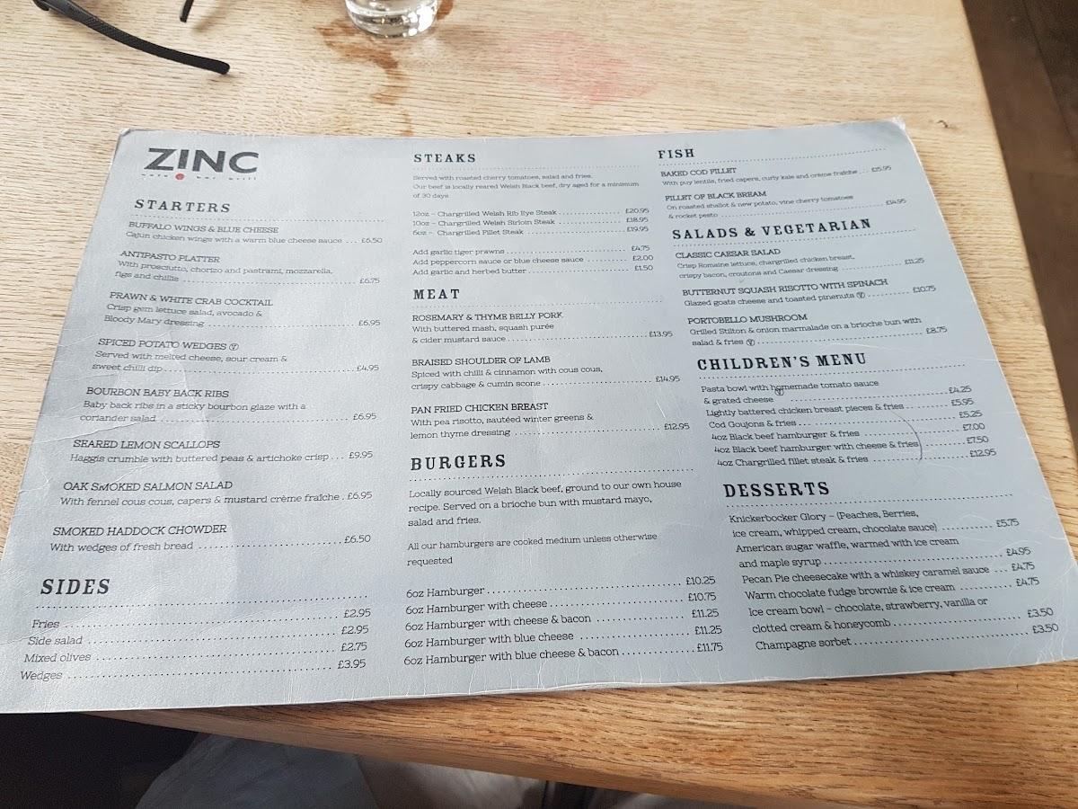 Menu at Zinc Cafe Bar & Grill, Abersoch, Lon Pen Cei