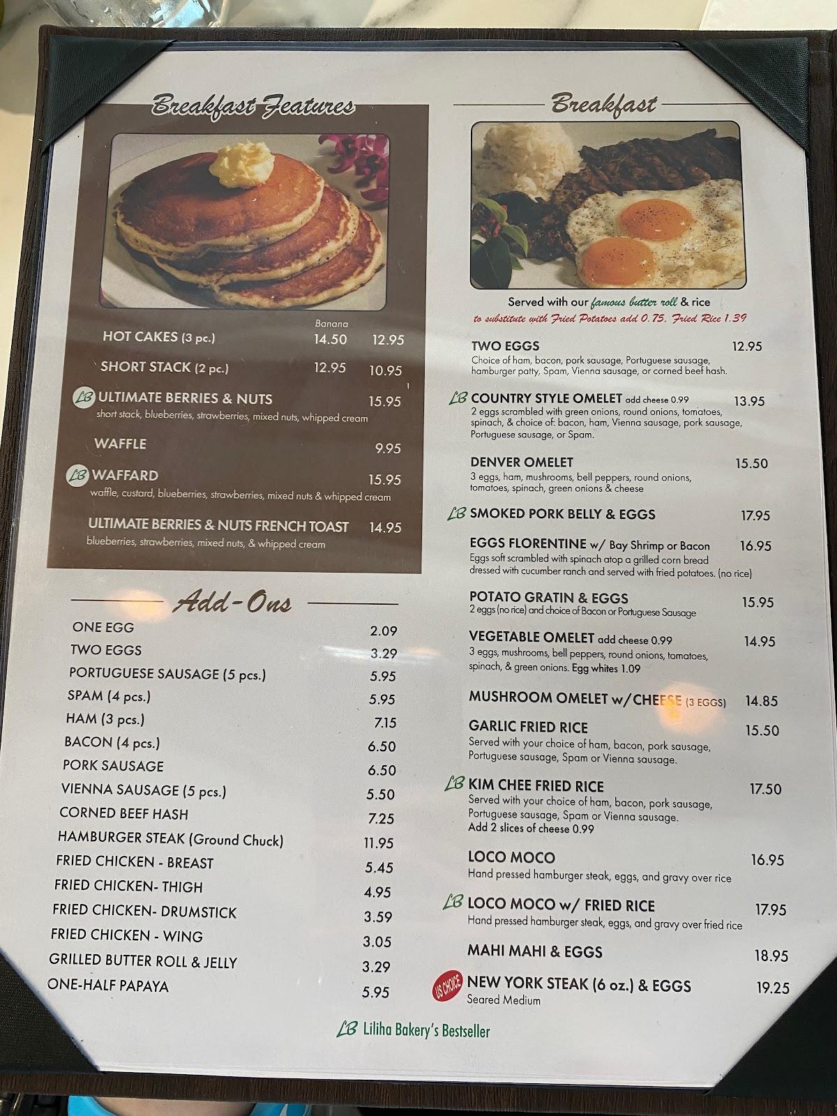 Menu at Liliha Bakery Waikiki, Honolulu