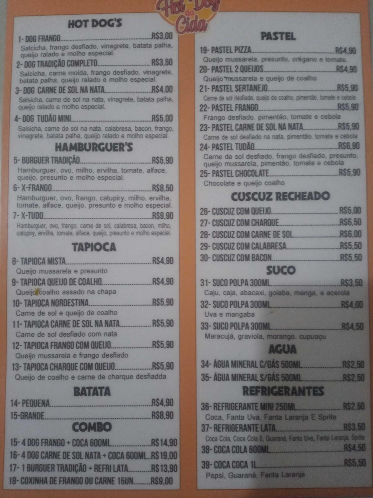 Hot Dog da cida cardápio