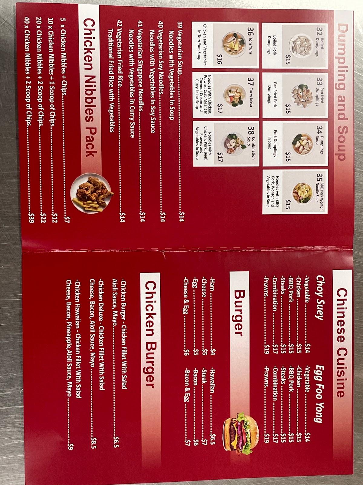 Menu at Panda Noodles restaurant, Auckland