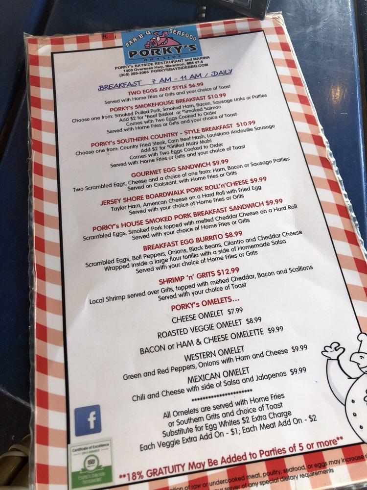 Menu at Porky's Bayside Restaurant and Marina, Marathon, 1400 Overseas