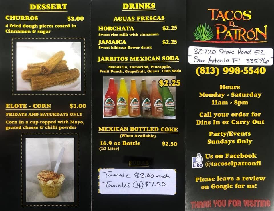 Carta del restaurante “Tacos El Patrón” Mexican Food, Dade City