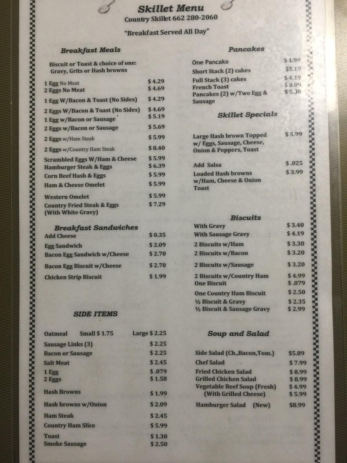 Menu at The Country Skillet restaurant, Southaven