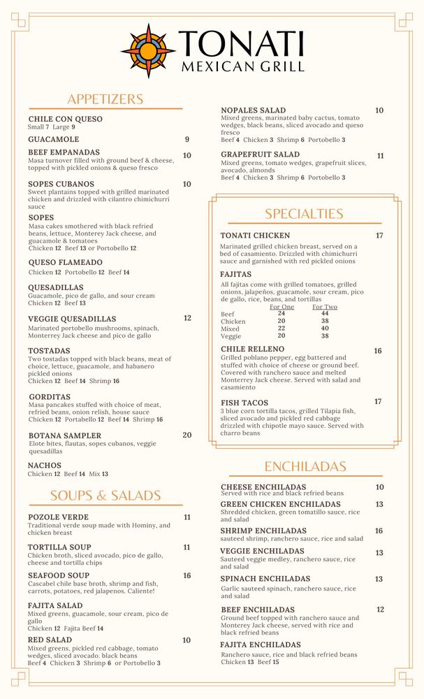 Menu at Tonati Mexican Grill restaurant, Katy