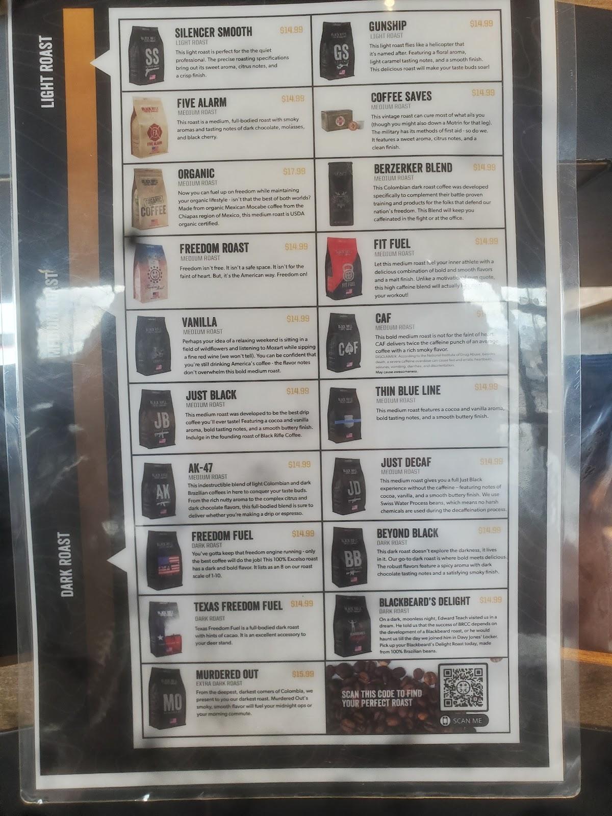 Menu at Black Rifle Coffee Company restaurant, Midland, N Big Spring St