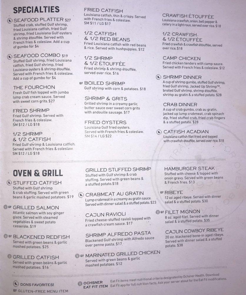 Menu at Don’s Seafood Metairie restaurant, Metairie