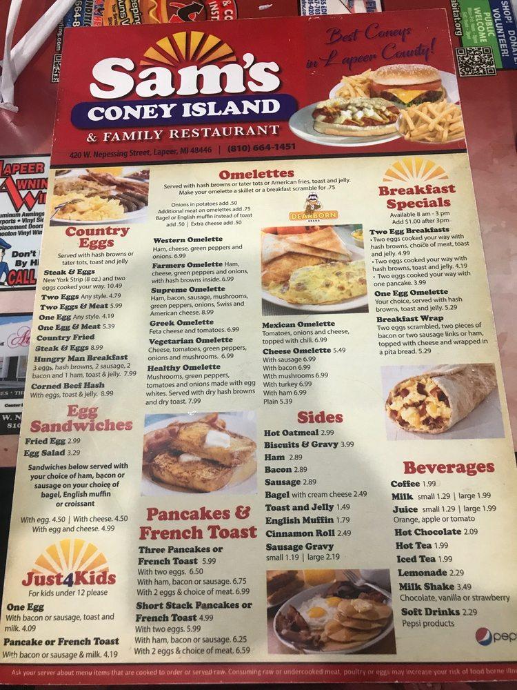 Menu at Sam's Coney Island restaurant, Lapeer