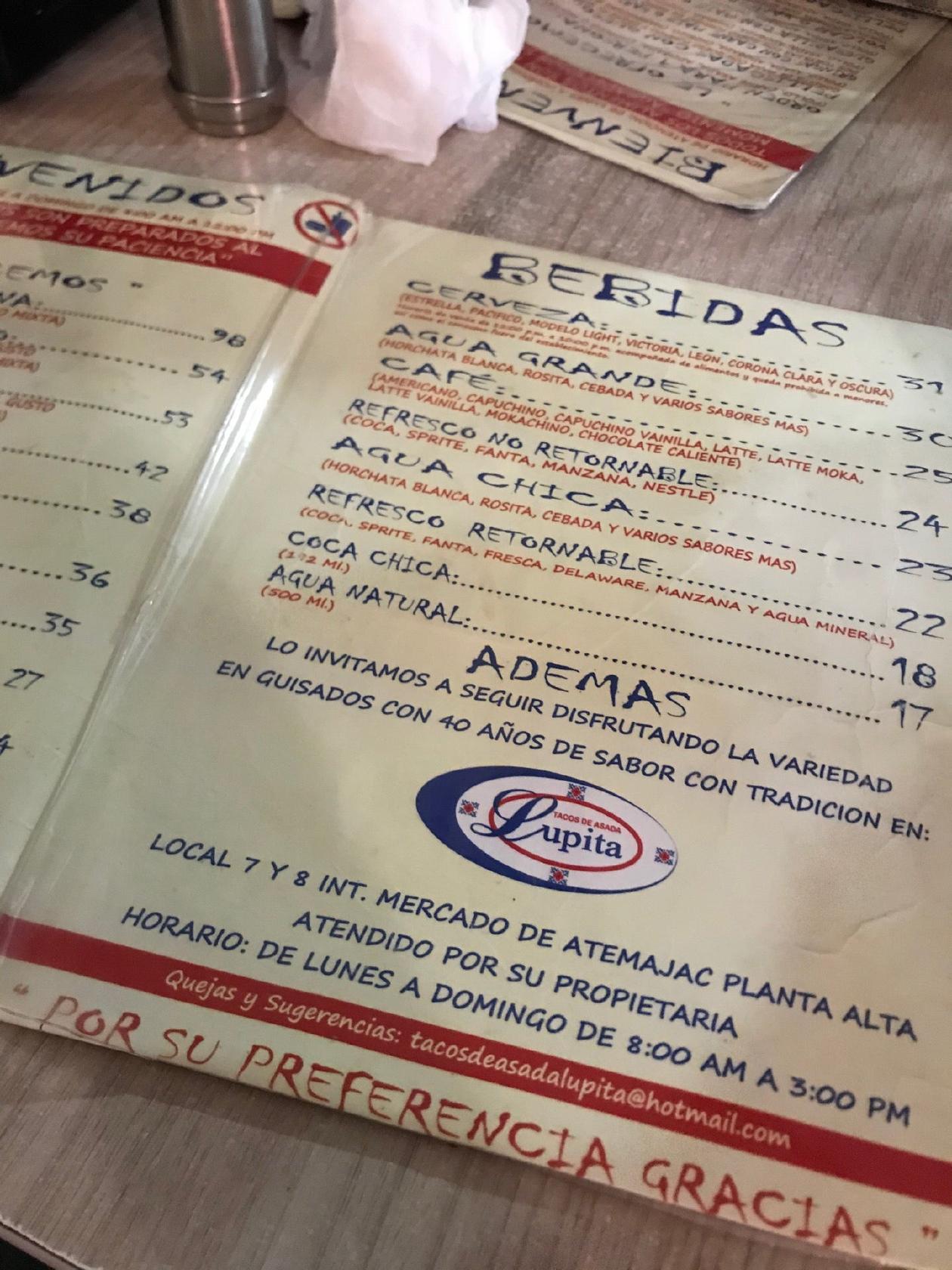 Menu at Tacos de Asada Lupita restaurant, Guadalajara, Av Fidel