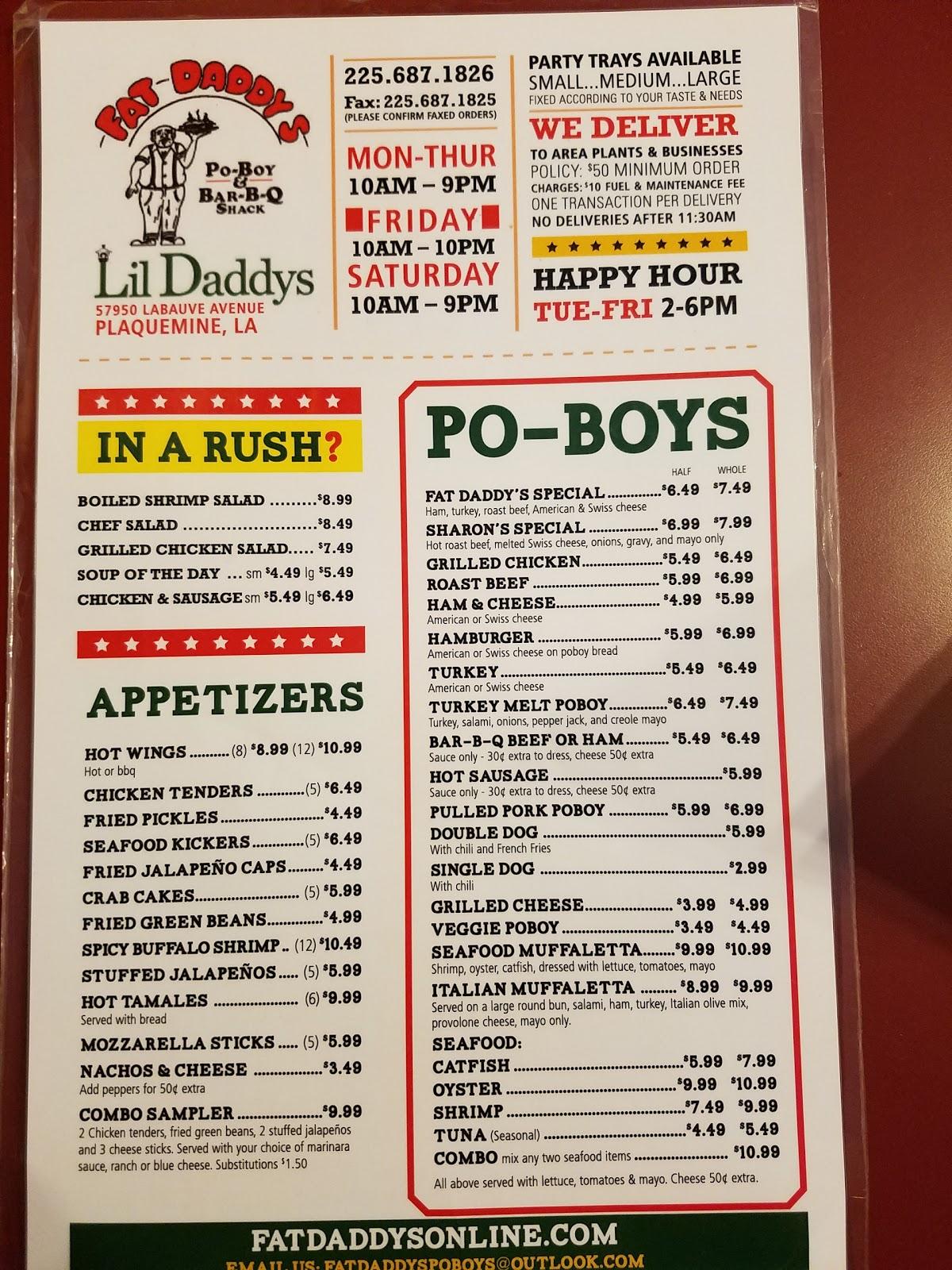 Menu at Fat Daddy's restaurant, Plaquemine