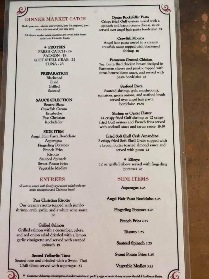 Menu at Hook Gulf Coast Cuisine restaurant, Pass Christian