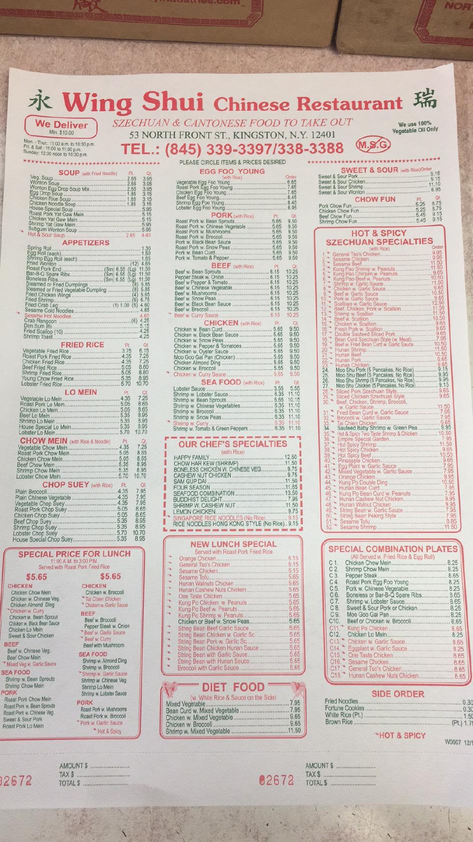 Menu at Wing Shui Chinese Restaurant, Kingston