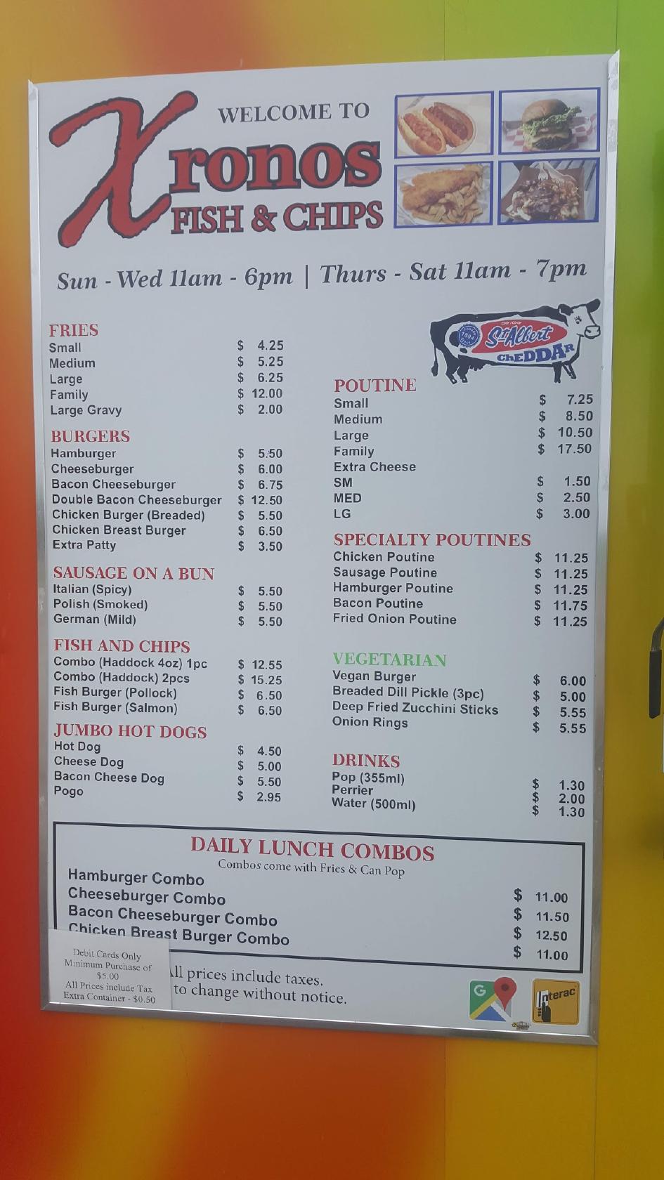 Menu at Xronos Fish & Chips restaurant, Ottawa
