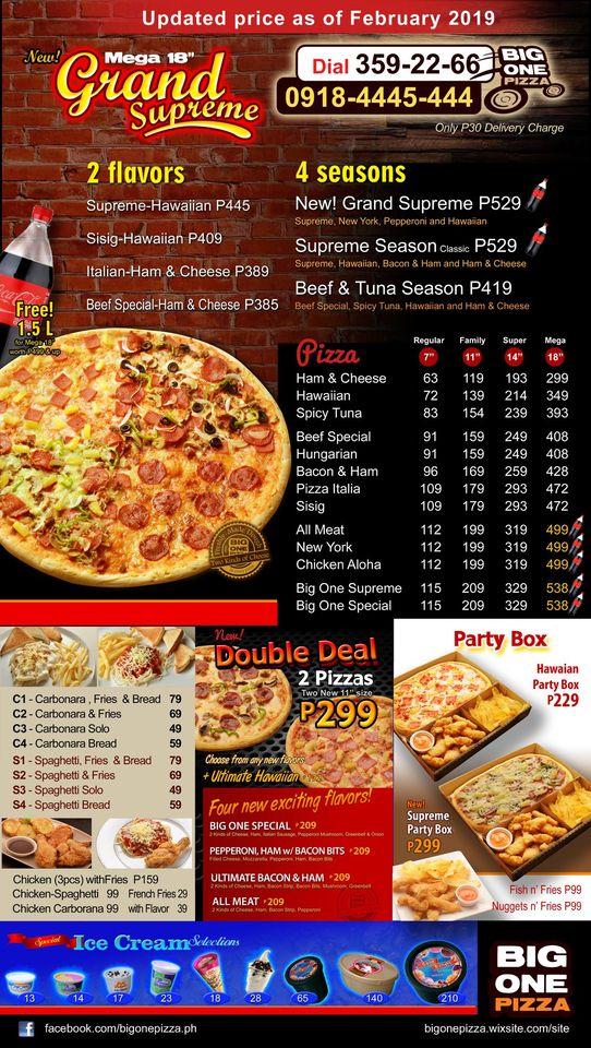 Menu at Big One Pizza- Marikina pizzeria, Marikina